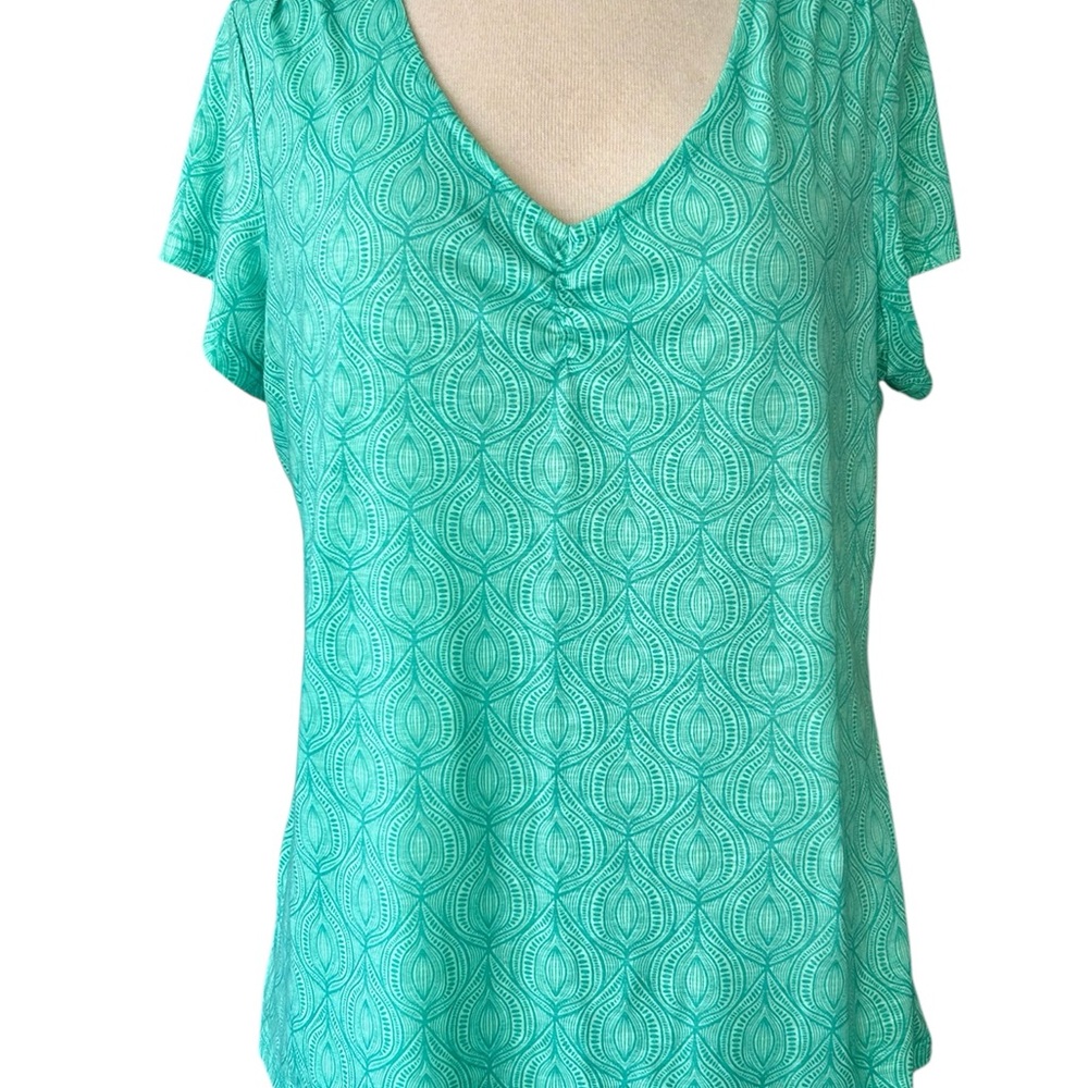 L.L. Bean Aqua Patterned V Neck Knit Top